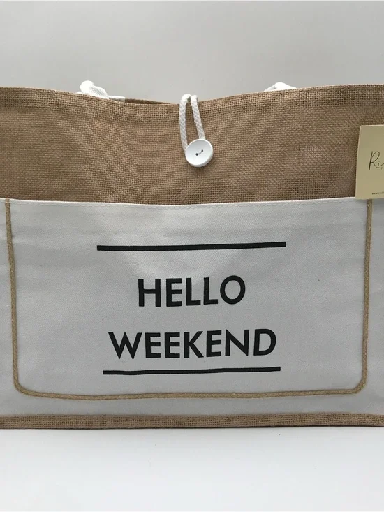 BNWT Riah Fashions Canvas & Jute 'Hello Weekend' Storage Tote - Natural/White