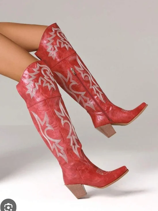 NWOT Red Over-The-Knee Western Boots with White Embroidery