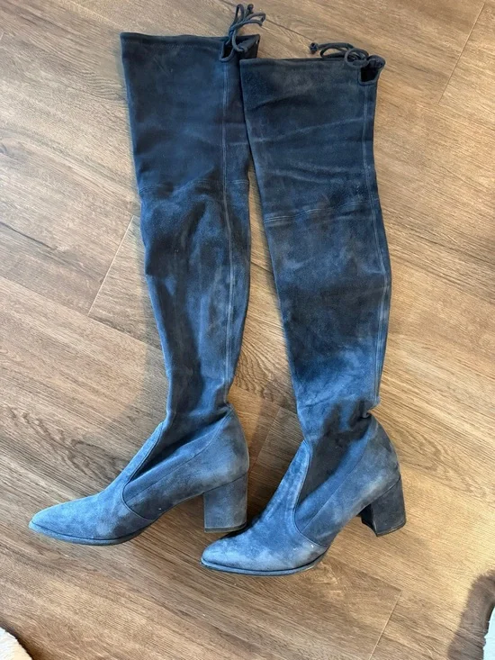 Stuart Weitzman Blue Suede Over-the-Knee Block Heel Boots