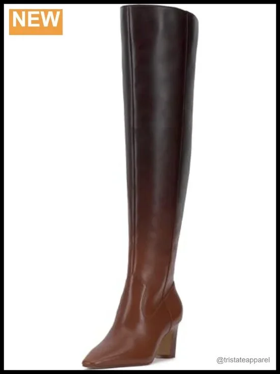 Women's Over-the-Knee Stacked Heel Leather Boots with Zip