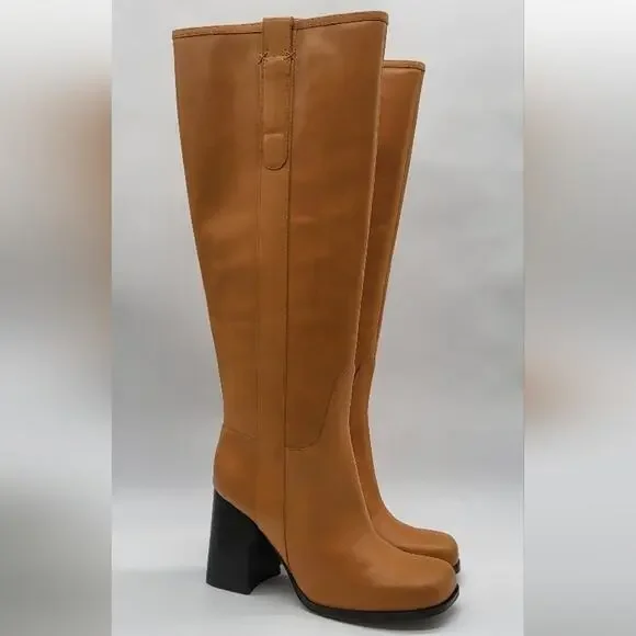 Free People Naomi Tall Heel Boots Taupe Leather Size 8.5 Knee High Block Heel