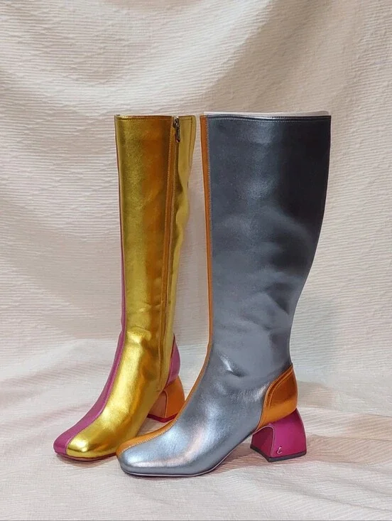 Metallic Two-Tone Knee Boots in Gold, Silver and Pink