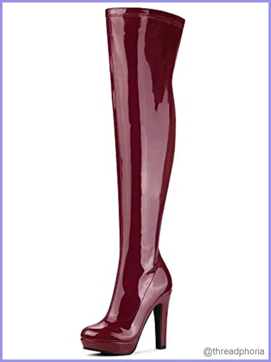 Patent Leather Chunky Heel Platform Over Knee Boots with Zip