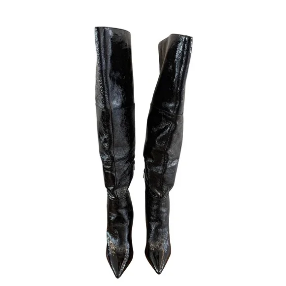 Vince Camuto Minnata Black Crinkled Patent Leather Over The Knee Boots Size 8