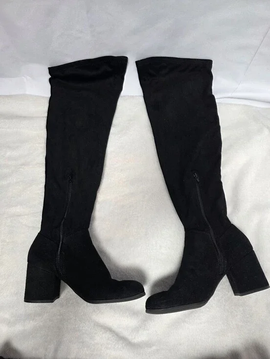 Christian Siriano Black Suede Over-the-Knee Block Heel Boots- Sizd 7 1/2