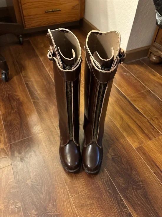Brown Genuine Leather Riding Boots Knee High Equestrian Front Zip