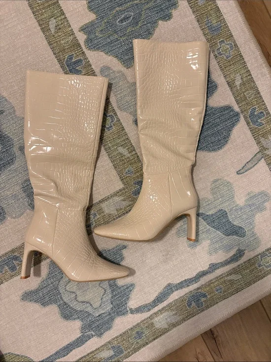 New York & Company Cream Croc-Embossed Over-the-Knee Stiletto Boots