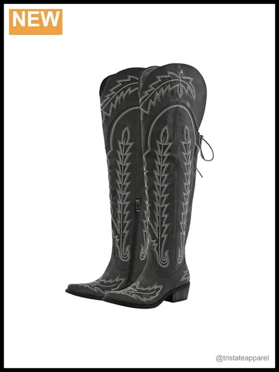 Embroidered Thigh High Cowgirl Boots Wide Calf Chunky Heel Western Boots