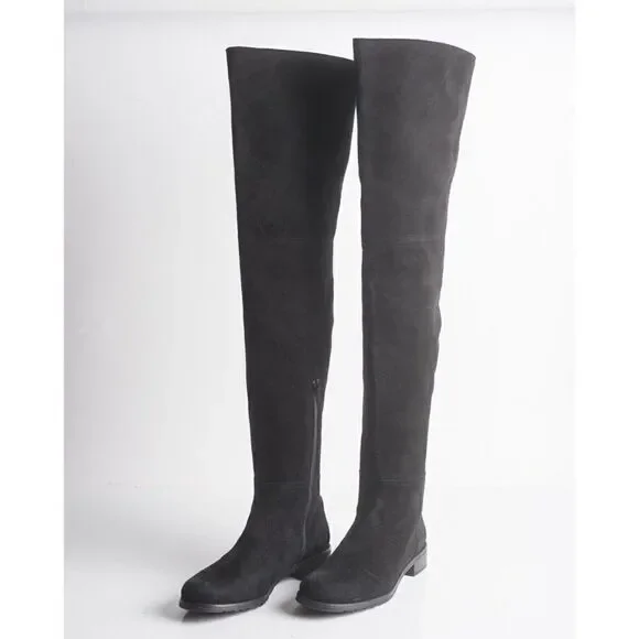 Stuart Weitzman Womens Black Suede Thigh High Boots Flats Pull On Sz US 6