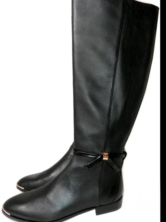 Ted Baker London Black Leather Riding Boots with Bow Accent