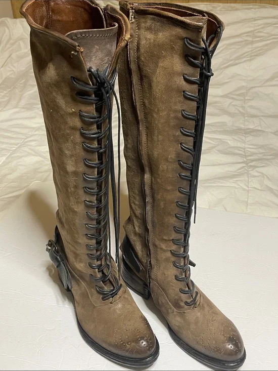 AS98 Brown Knee-High Lace-Up Suede Boots - Women's Size 7