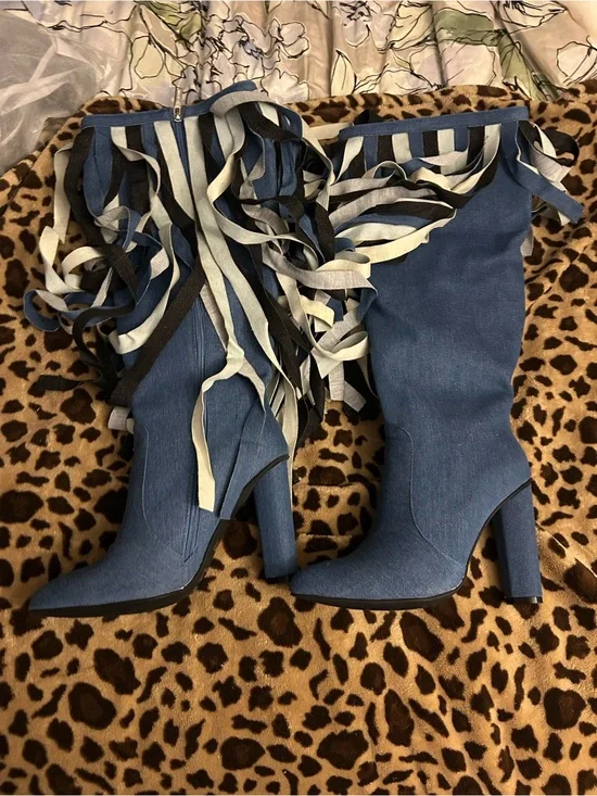 Gorgeous Blue Denim Fringe Over-the-Knee Block Heel Boots