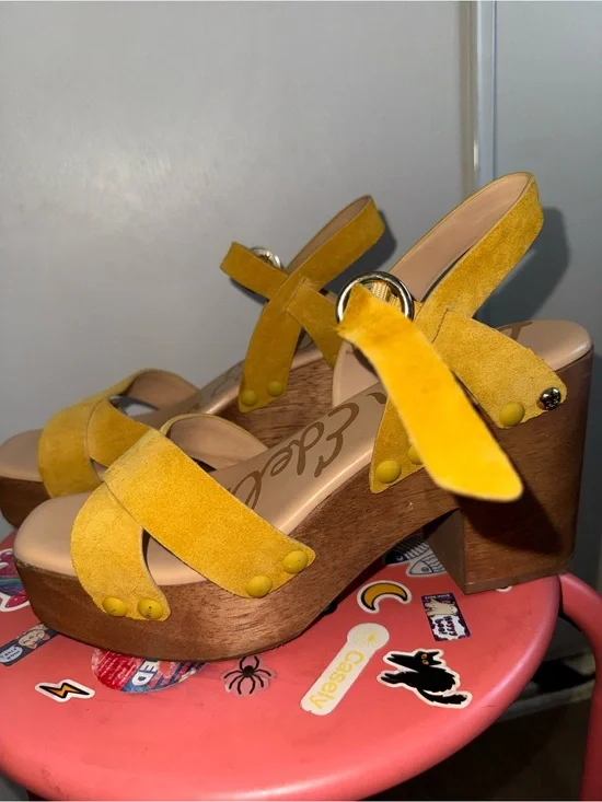 Sam Edelman Mustard Yellow Suede Platform Sandals with Wood-Look Block Heel