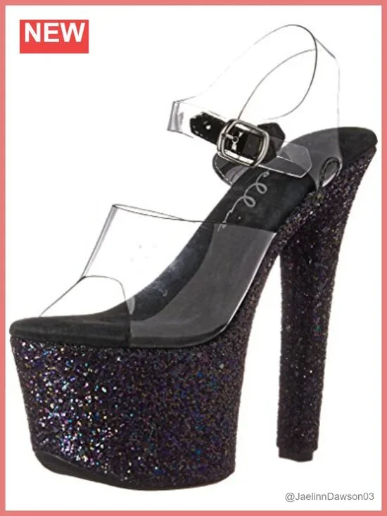 Glitter Block Heel Platform Sandals with Ankle Strap Open Toe