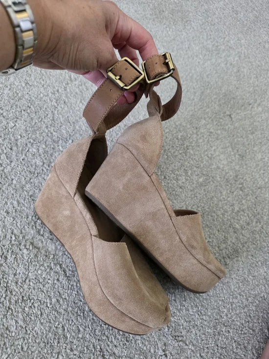 Chocolat Blu Beige Suede Platform Wedge Sandals with Ankle Buckles
