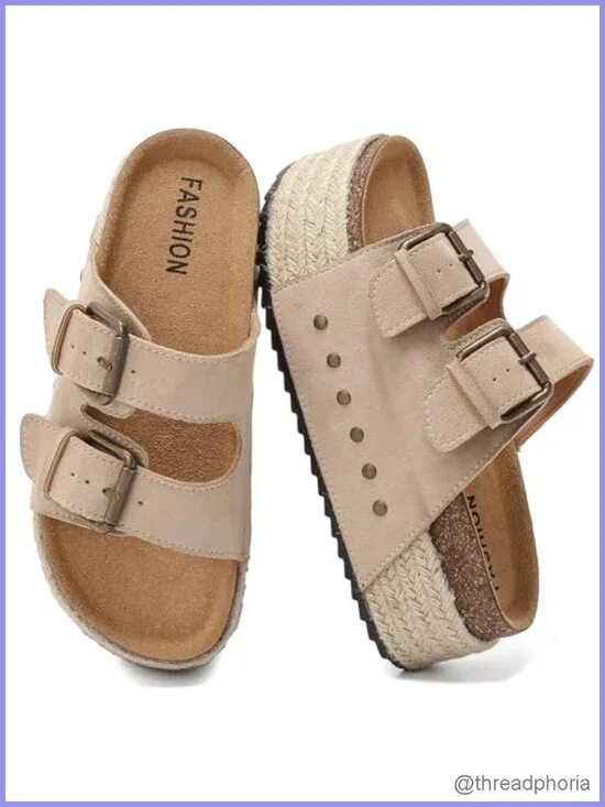 Women's Platform Sandals with Cork Footbed, Double Buckle Slides