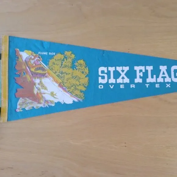 Vintage Six Flags Over Texas Flume Ride Pennant Flag
