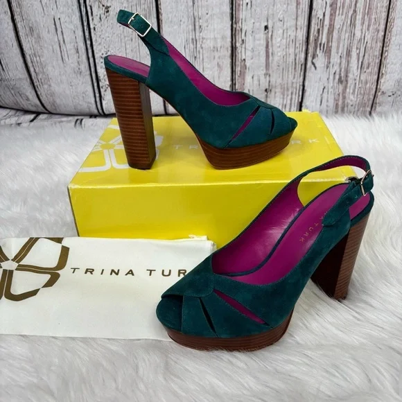 NIB New with‎ Box Trina Turk Joni Platform Suede Heels in Aqua Bloom Size 7.5