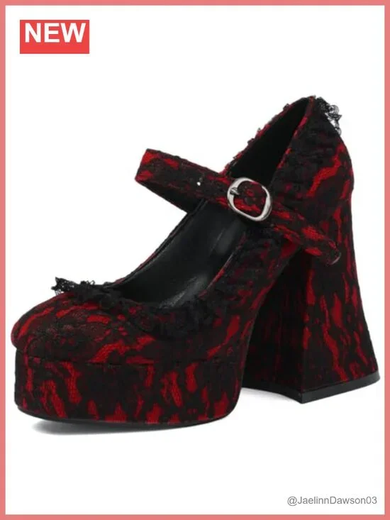 Goth Platform Mary Jane Heels Lace Flower Pumps 12cm Chunky Heel