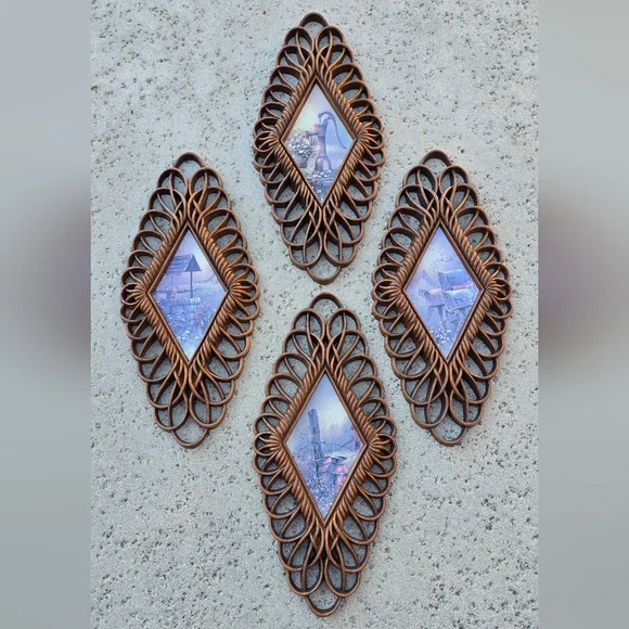 Vtg‎ Burwood wicker diamond plaques MCM set of 4 Cottagecore Farmhouse Country