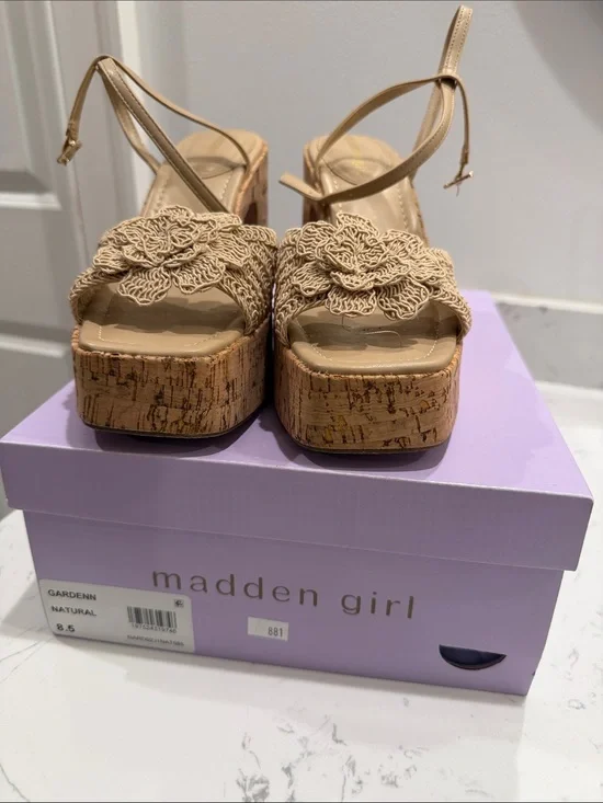 Madden Girl Natural Tan Cork Platform Sandals with Floral Crochet Strap