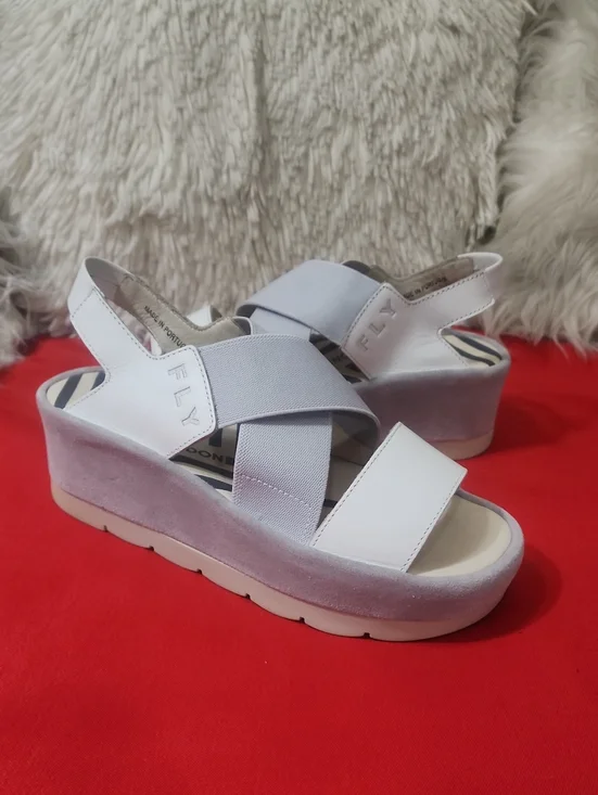 Fly London Bime 169 Fly White Platform Slingback Sandals with Pale Gray Straps