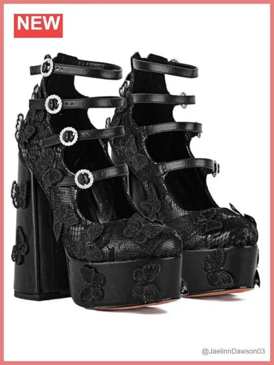 Women's Platform Chunky Heels Lace Butterfly Square Toe Mary-Jane Pumps