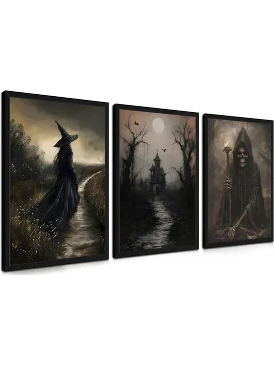 Set of 3 Dark Academia Wall Art - Vintage Gothic Skull & Haunted House Decor