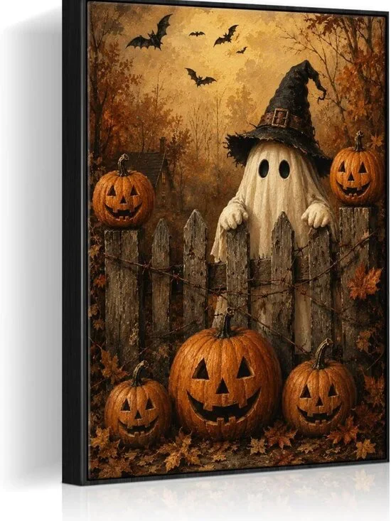Cute Ghost & Pumpkin Halloween Framed Wall Art | Spooky Canvas Decor