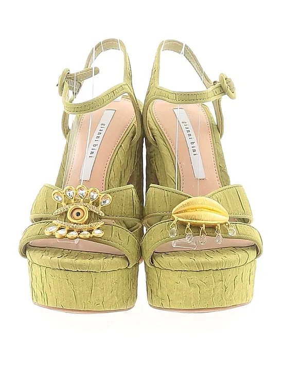 Gianni Bini Olive Platform Sandals with Decorative Shell and Jewel Accents