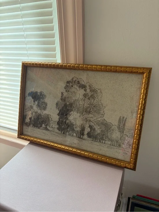 Gold-Framed Landscape Tree Drawing - Neutral Tones