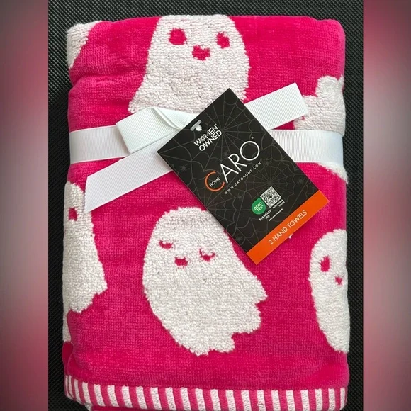 Halloween 👻 GHOST 2-pack Hand Towels Kitchen Bathroom Pink & White NWT Cotton