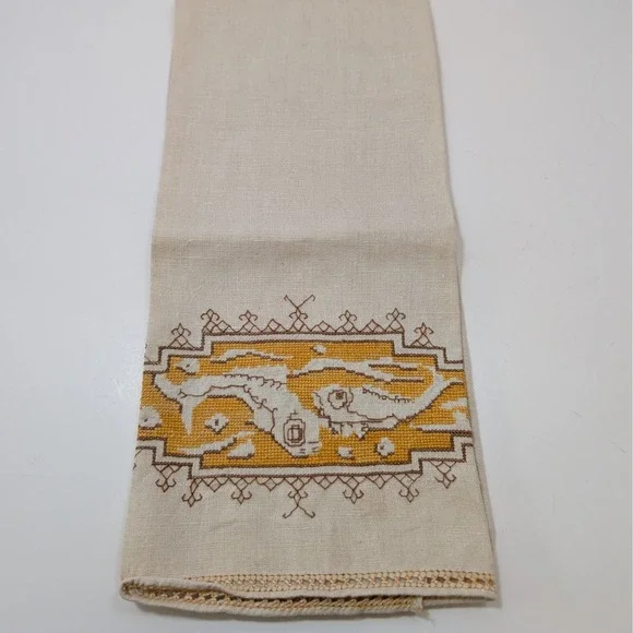 Vtg Linen Hand‎ Towel Cross Stitch Embroidery Yellow Brown Geometric 25x16 MCM