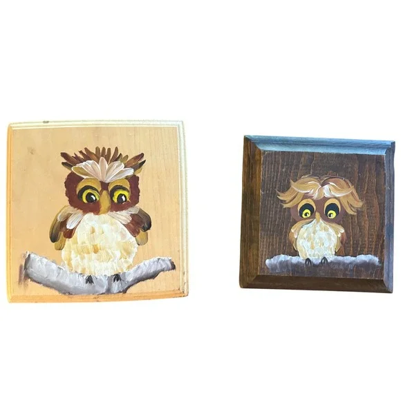 Vintage Owl Wall‎ Art Decor Hand Painted Wood Folk Art Pair 2 Forest Paintings