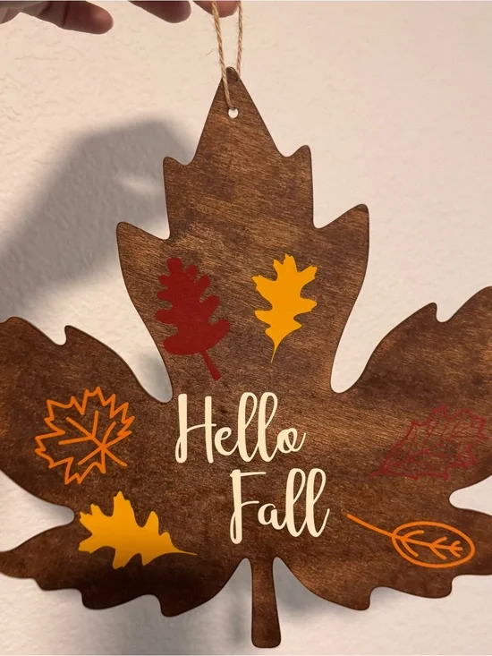 Wooden 'Hello Fall' Leaf Wall Decor - Brown with Red & Yellow Accents