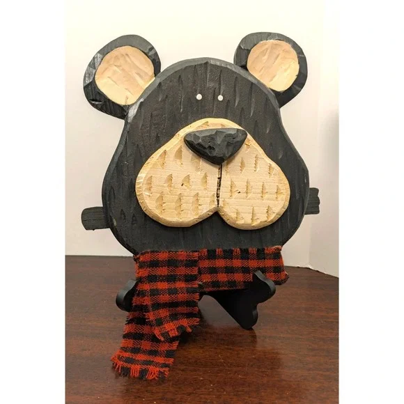 Handmade Rustic Wood Bear Wall Decor Buffalo Plaid Scarf Folk Art 12