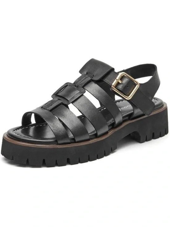 Women's Black Chunky Gladiator Open Toe Leather Platform Fisherman Sandal Shoes