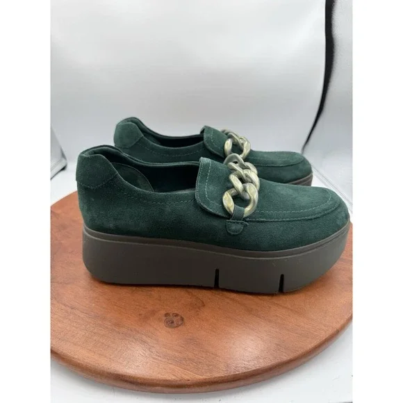 NAKED FEET Princeton Emerald Suede Chunky Chain PLatform Loafer Women's Size 9.5