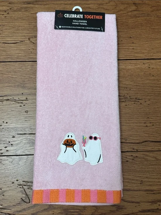 Pink Ghost Embroidered Hand Towel with Striped Trim