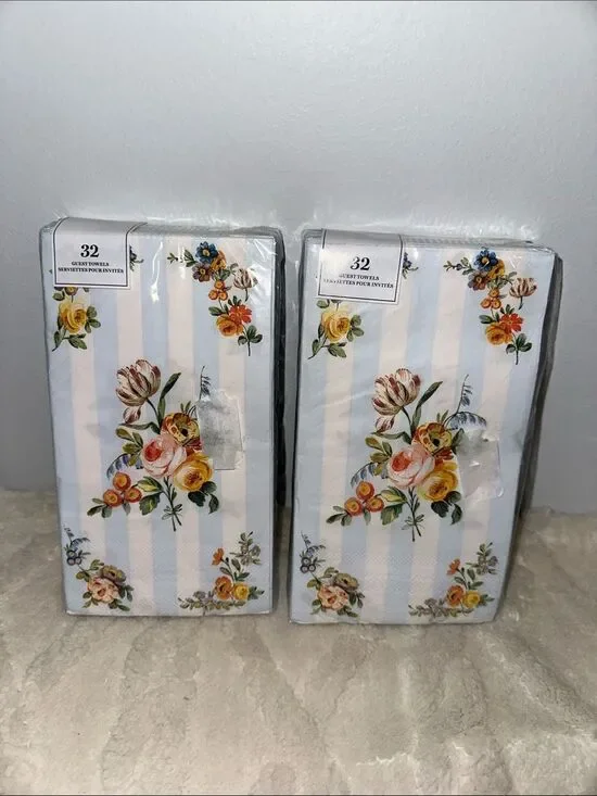 Punch Studio 32 x 2pk Guest Paper Towel Napkins White Blue Floral Stripe Print