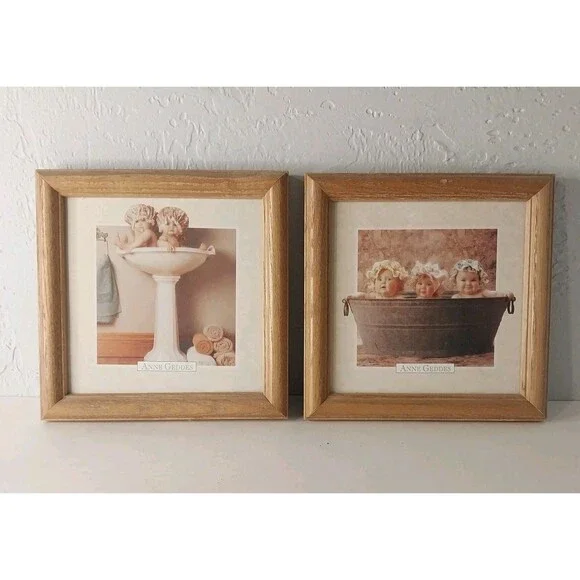 Vintage Anne Geddes Bathroom Prints 90s Babies Framed Decor 7x7‎ Set Of 2