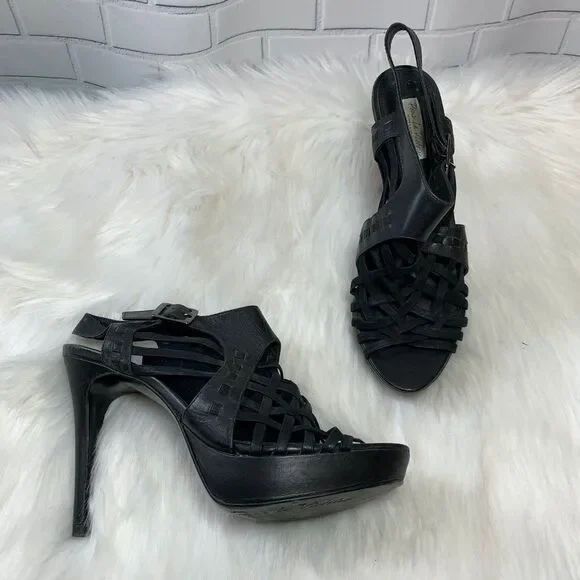 Pour La Victoire Black Woven Leather Heels‎ Sz 8.5