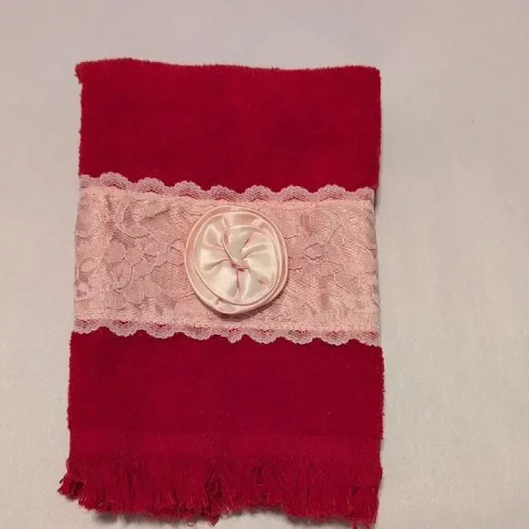 Vintage Cannon Red Cotton Hand Towel with Pink Lace Trim And Satin Rossette