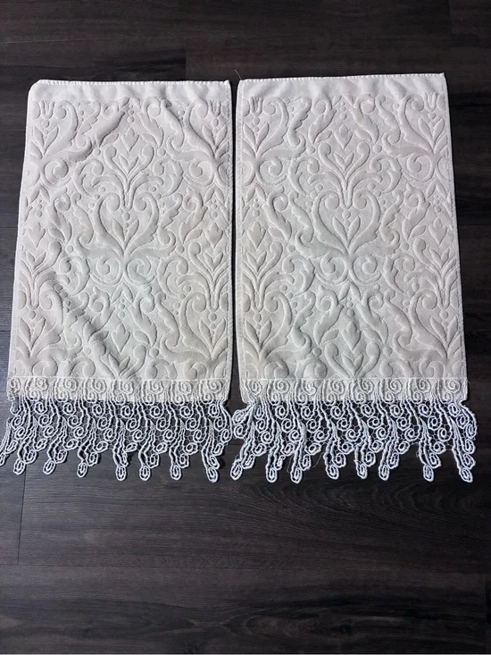 Vintage Carrara Italy Damask Hand Towels Set of 2 Ivory Lace Fringe