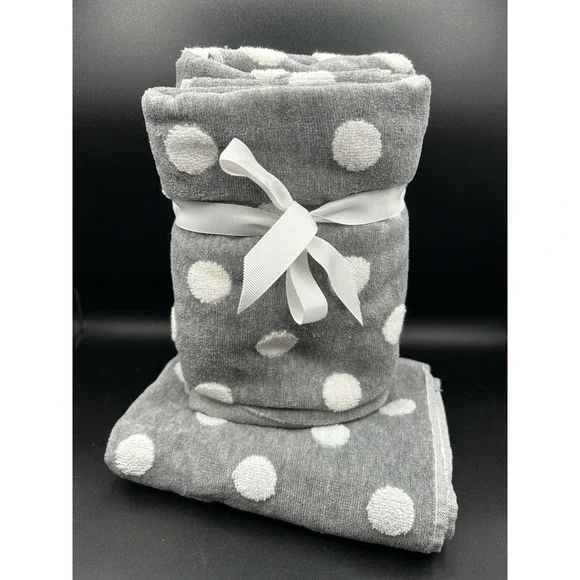 ALFRED SUNG ECO MELANGE GRAY WHITE POLKA DOT DESIGN COTTON FLUFFY 3 HAND TOWELS