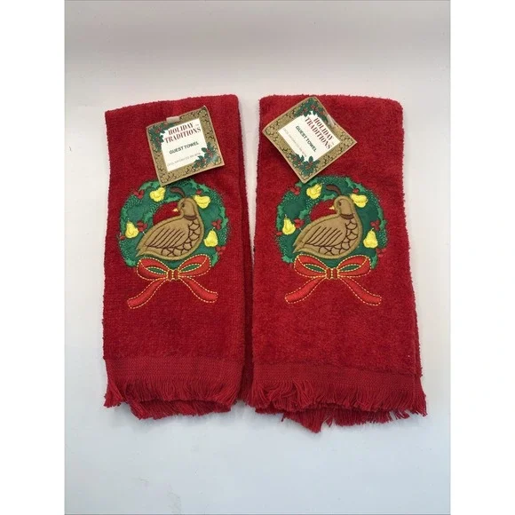Vtg Holiday Traditions Christmas Guest Fingertip Towels Red Quail‎ Wreath NOS