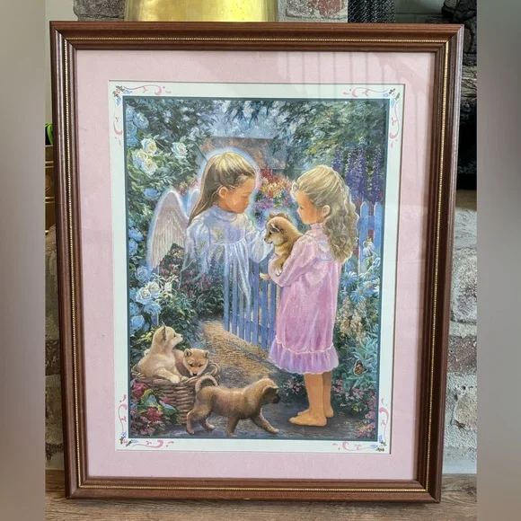 Vintage Home Interiors Wall Decor Guardian Angel with Puppies