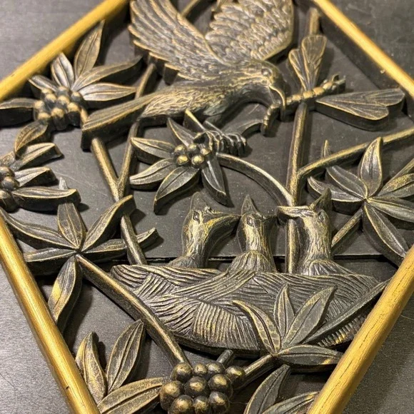 Vintage 1972 Burwood Products Bird Nest Dragonfly Diamond Wall Art Plaque Gold