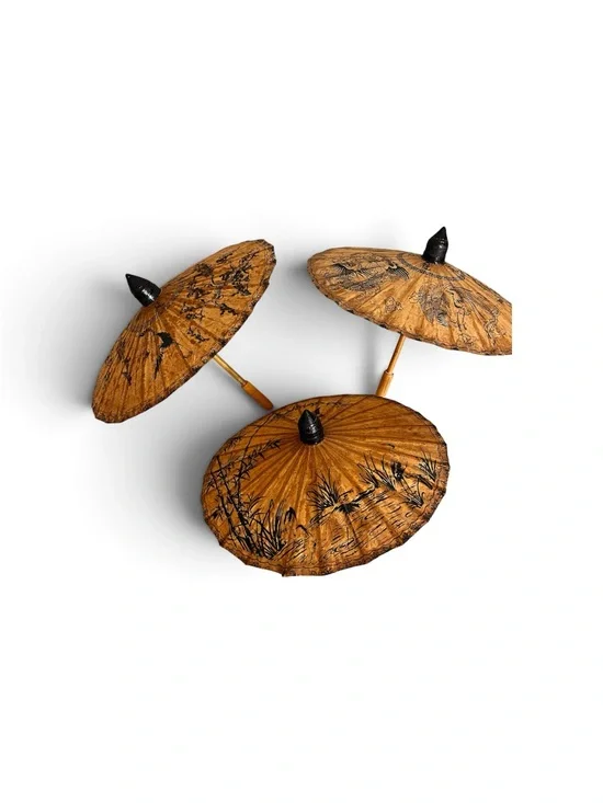 3 Set Vintage Japanese Umbrella Decorative Parasol HandCrafted Wood & Paper