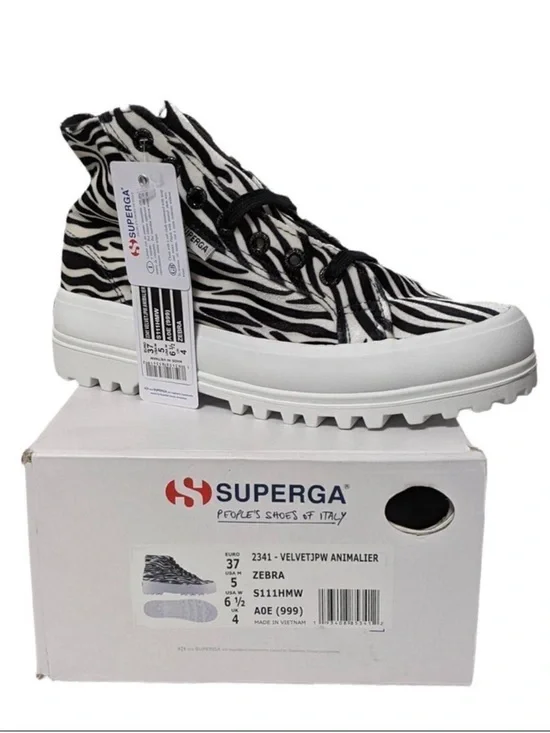 NWT SUPERGA White & Black Zebra Hi-Top Platform Sneakers